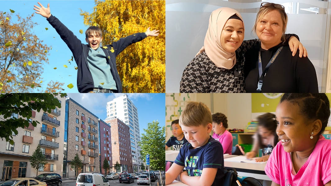 Collage: glad kille som jublar utomhus, bebyggelse i Handen och elever i klassrum